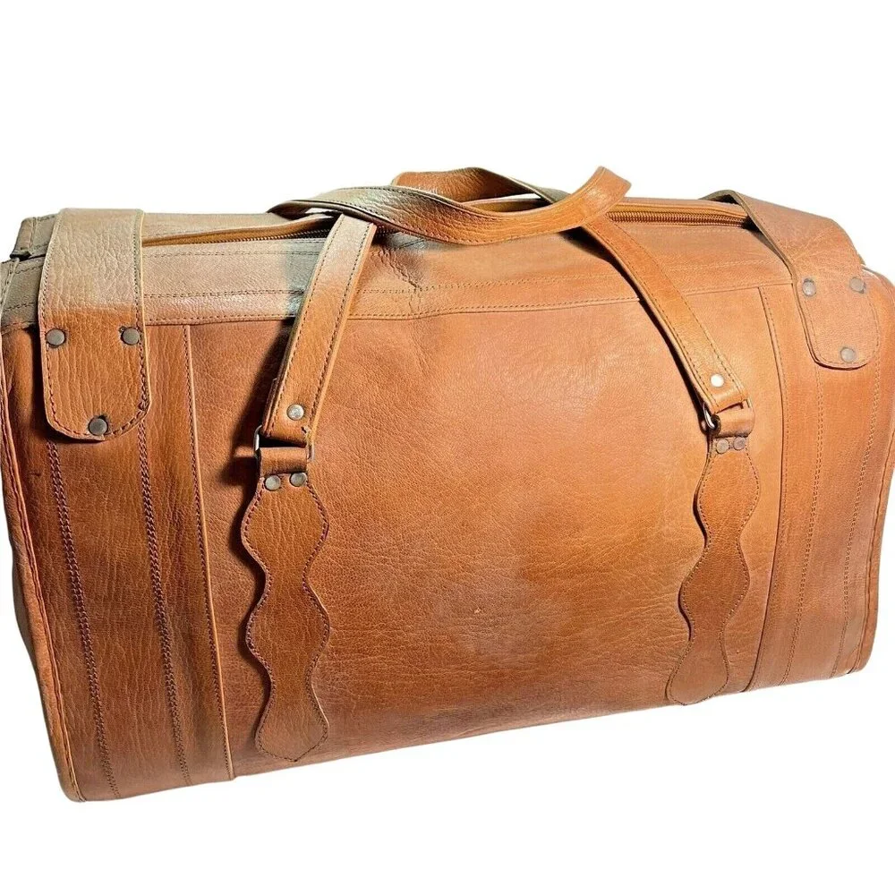 Vintage Tan Leather Duffel Bag Rustic Travel Weekender Overnight Luggage u